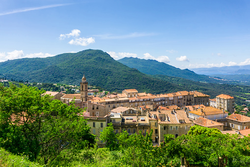 Landscape on Corsica island, beautiful view of Calvi town with castle on hill in summertime, France