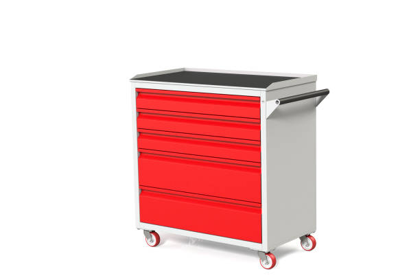 istock Metal tool cabinet-table on wheels with drawers. A convenient place for storing tools and spare parts. Service Garage Tools Box. 3D-model rendering of the table for shooting from above. 1008888666