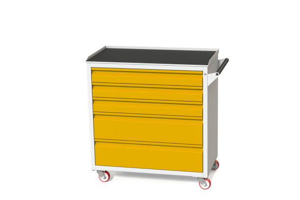istock Metal tool cabinet-table on wheels with drawers. A convenient place for storing tools and spare parts. Service Garage Tools Box. 3D-model rendering of the table for shooting from above. 1008888718