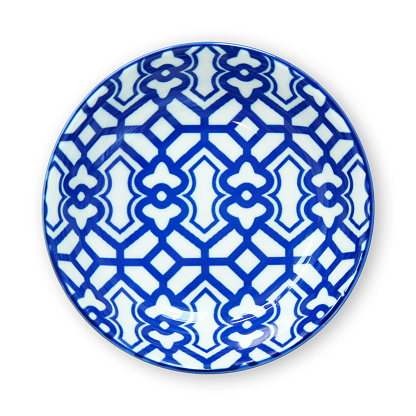 Ceramics decorative plates, Blue and white pottery plate, View from above isolated on white background with clipping path