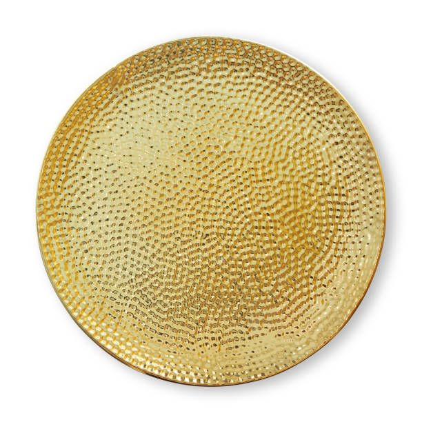 istock Ceramics decorative plates, Gold plate with rough pattern, View from above isolated on white background with clipping path 1008898076