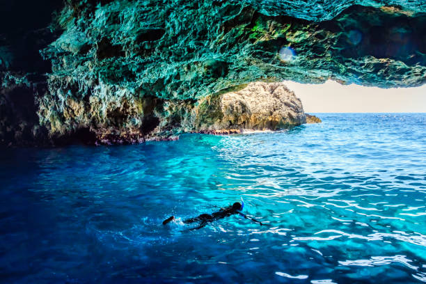 Swimming in the Blue cave in Adriatic sea, Montenegro Blue lagoon in the Montenegro, European summer travel destination montenegro stock pictures, royalty-free photos & images