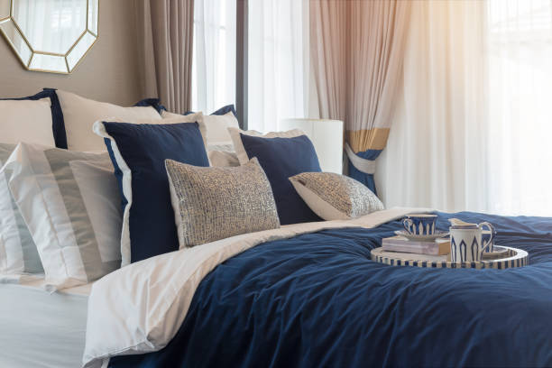 luxury bedroom in indigo blue tone stock photo