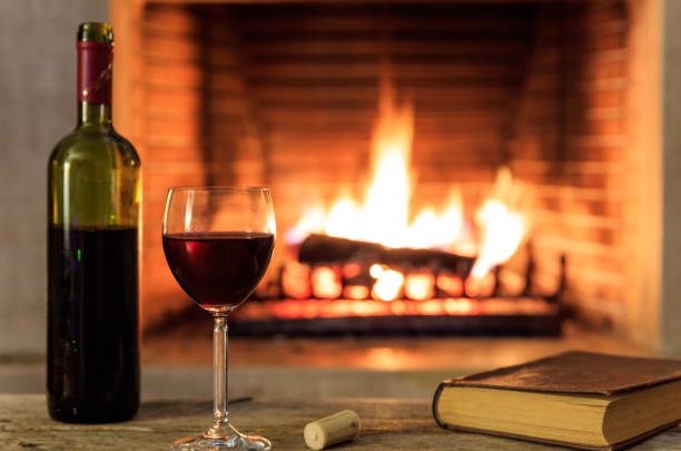 istock Red wine and a book fireplace background 1008922634