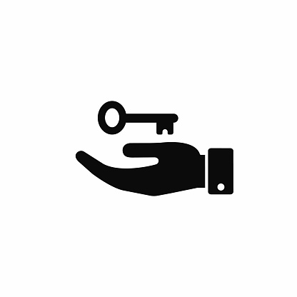 Hand with key icon, vector isolated illustration.