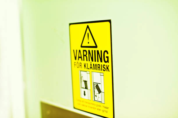 istock Yellow Elevator Warning Sign - Mind The Gap. Crush / Squeeze Risk (In Swedish Language) 1008953466