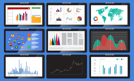 Vector set element various monitors display graphs and charts. In business analysis. Vector illustrations.