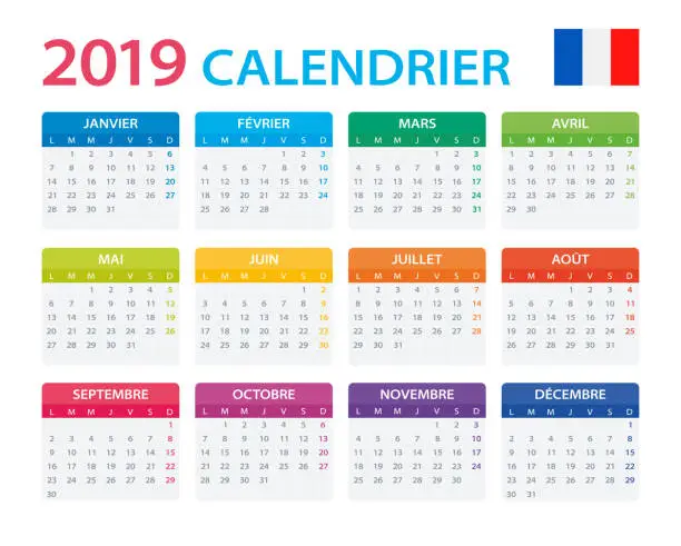 Vector illustration of Calendar 2019 - French Version