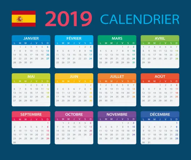Vector illustration of Calendar 2019 - French Version