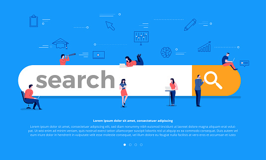 Flat design concept team building search bar for best result ranking page. Vector illustrations.