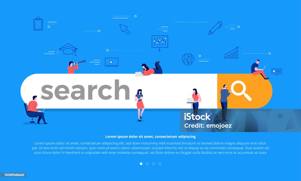 Search engine concept Flat design concept team building search bar for best result ranking page. Vector illustrations. Search Engine stock vector
