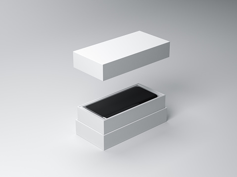 White opened box with mobile smart phone inside, 3d rendering
