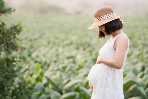 kobieta w ciąży dotykając jej duży brzuch i chodzenie w parku - mother nature zdjęcia i obrazy z banku zdjęć