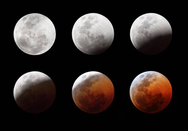 mond rot blut in sechs phasen einer mondfinsternis - full moon moon lunar eclipse red stock-fotos und bilder