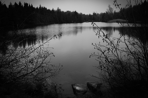 Black and white photograph of a lake.