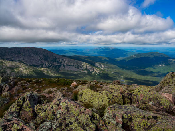 Mountain Range and Valley Below, Katahdin, Maine A view from a summit at the surrounding valley, from a peak on Katahdin in Baxter State Park in Maine. mauer park stock pictures, royalty-free photos & images