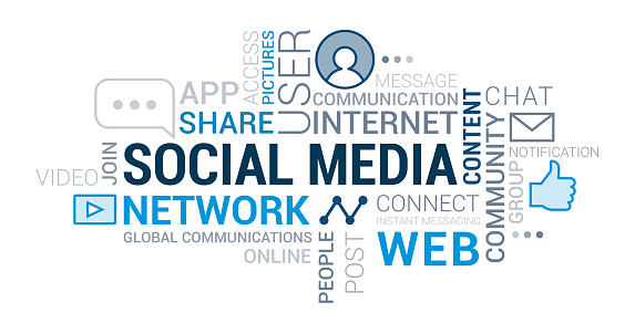 Social media, internet and networks tag cloud with icons and concepts