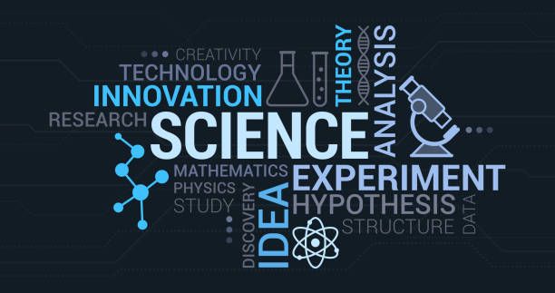 Science, innovation and research tag cloud Science, research and innovation tag cloud with icons and concepts science research stock illustrations