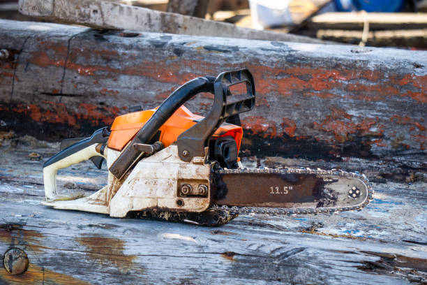istock Orange gasoline engine portable chainsaw put on the old wooden plank 1009023498