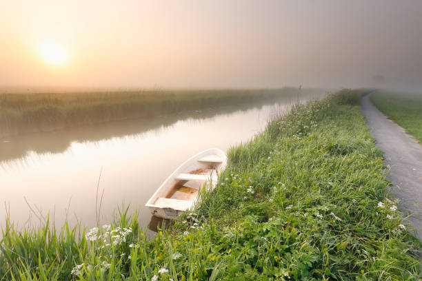 white boat on river during misty summer sunrise