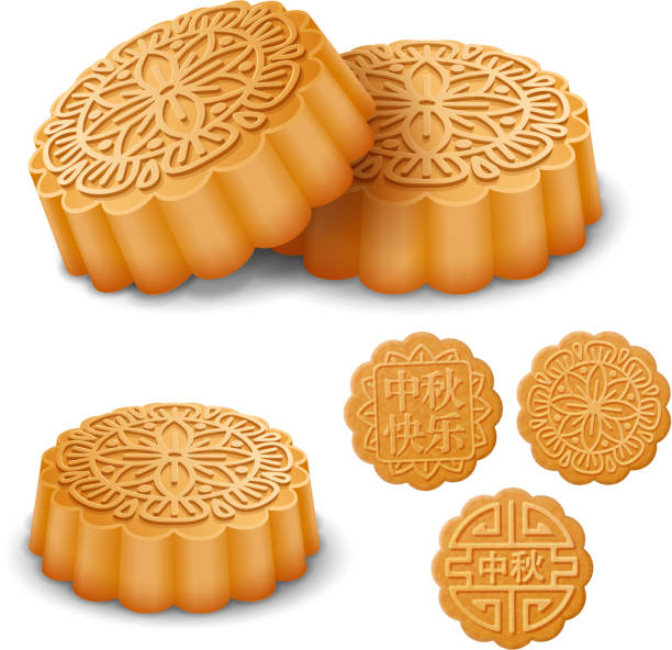 Mooncakes for the Mid Autumn Festival Set of the Mooncakes for the Mid Autumn Festival. Translation of Chinese characters on cake: Happy Mid Autumn. Vector illustration. moon cake stock illustrations