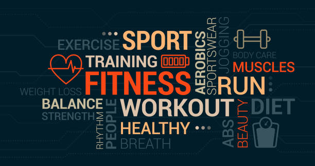 Fitness, sport and wellness tag cloud Fitness, sport and wellness tag cloud with icons and concepts word cloud stock illustrations