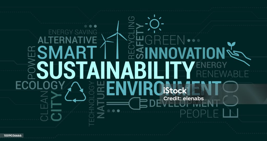 Medio ambiente, las ciudades inteligentes y nube de etiqueta de sostenibilidad - arte vectorial de Recursos sostenibles libre de derechos