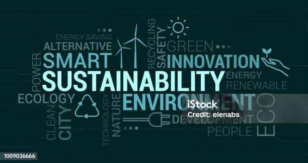 Ilustración de Medio Ambiente Las Ciudades Inteligentes Y Nube De Etiqueta De Sostenibilidad y más Vectores Libres de Derechos de Recursos sostenibles