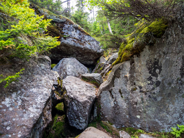 A difficult section of the Appalachian Trail known as Mahoosuc Notch, a view of a section of boulders and rock scrambles.