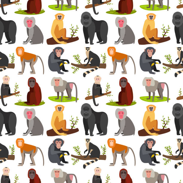 affe charakter tierische brote musterdesign hintergrund wild zoo affe schimpanse vektor-illustration - tamarin neuweltaffen und hundsaffen stock-grafiken, -clipart, -cartoons und -symbole