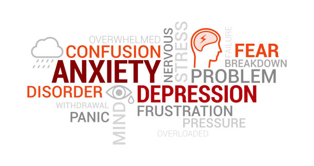 Anxiety, mental disorders and depression tag cloud Anxiety, panic and depression tag cloud with words, concepts and icons anxiety stock illustrations
