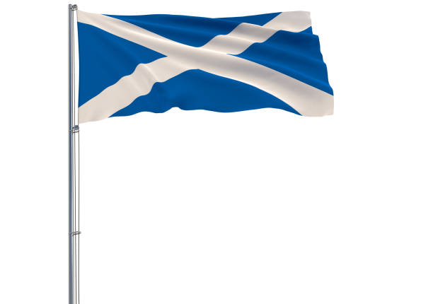 istock Isolate flag of Scotland on a flagpole fluttering in the wind on a white 1009059724