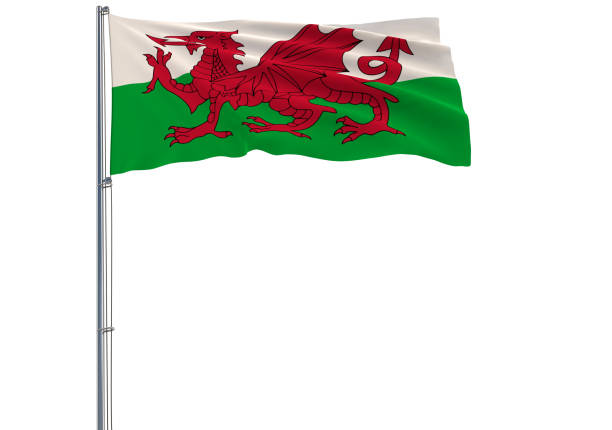 istock Isolate flag of Wales on a flagpole fluttering in the wind on a white 1009059740