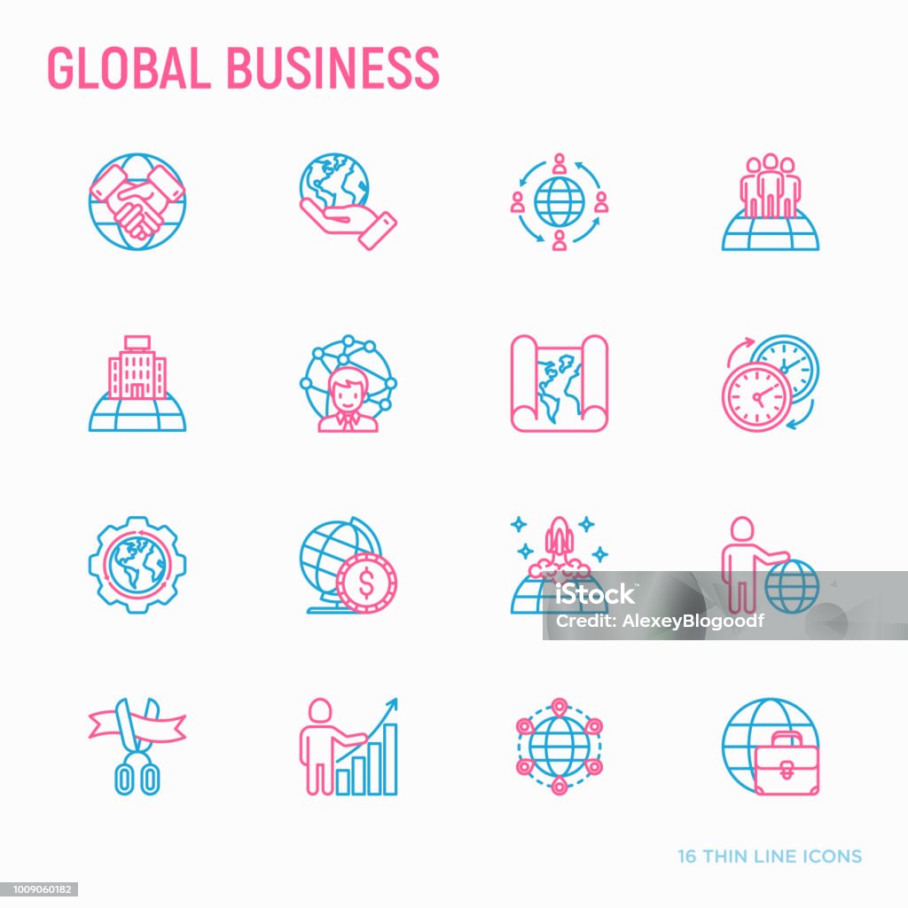 Global business thin line icons set: investment, outsourcing, agreement, transactions, time zone, headquarter, start up, opening ceremony. Modern vector illustration. Agreement stock vector