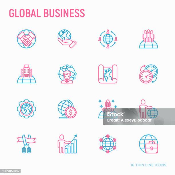 Global Business Thin Line Icons Set Investment Outsourcing Agreement Transactions Time Zone Headquarter Start Up Opening Ceremony Modern Vector Illustration Stock Illustration - Download Image Now