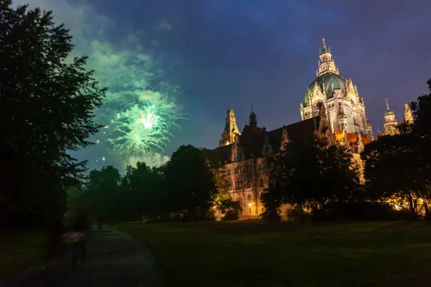 The New Town Hall fireworks at night, Hannover, Germany