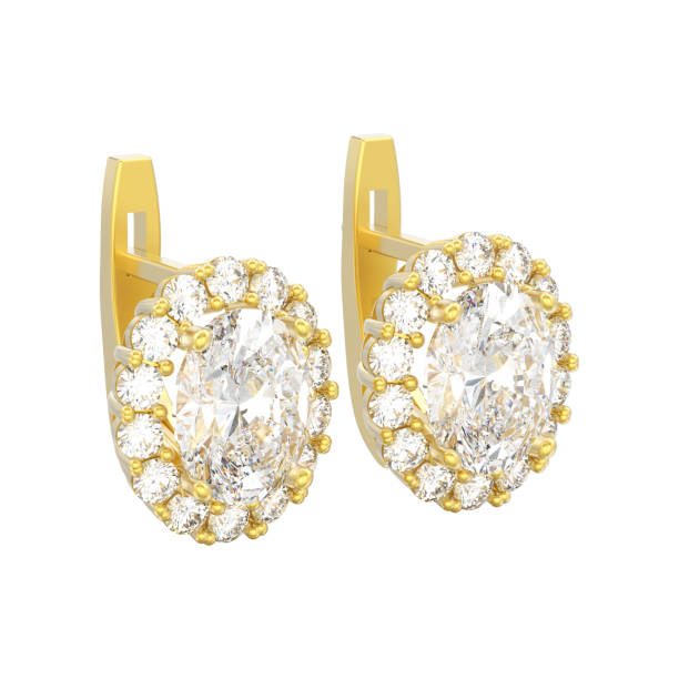 istock 3D illustration isolated yellow gold diamond earrings with oval gemstone with hinged lock 1009077824