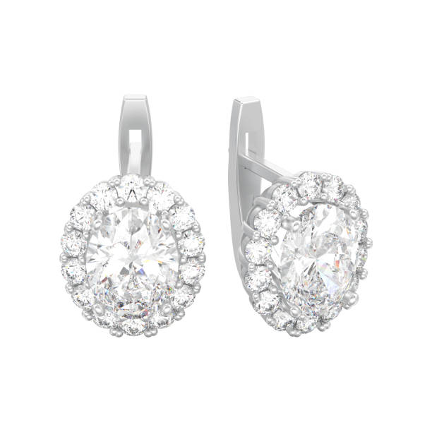 istock 3D illustration isolated white gold or silver diamond earrings with oval gemstone with hinged lock 1009077902