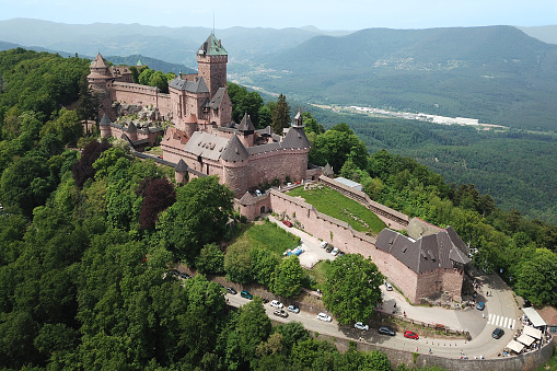 Chateau de Haut-Koenigsbourg, France - May 12, 2018: Aerial drone image of Chateau de Haut-Koenigsbourg in Alsace, France.
