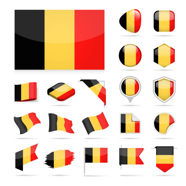 ilustraciones, imágenes clip art, dibujos animados e iconos de stock de bélgica - bandera icono vector brillante conjunto - belgium belgian flag flag shield