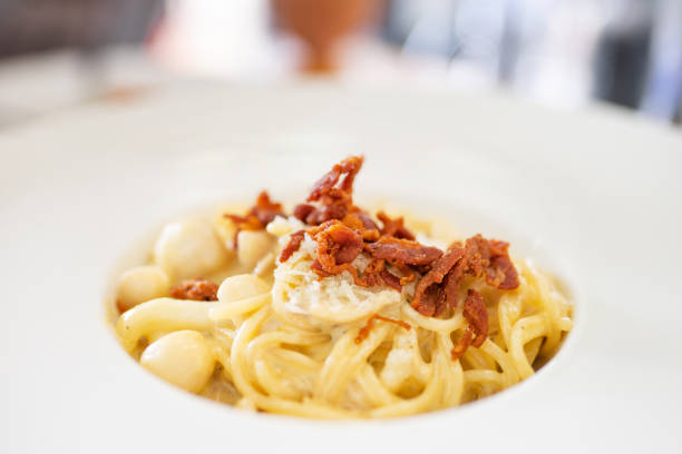 istock spagehtti cabonara on plate with bacon close up 1009119462