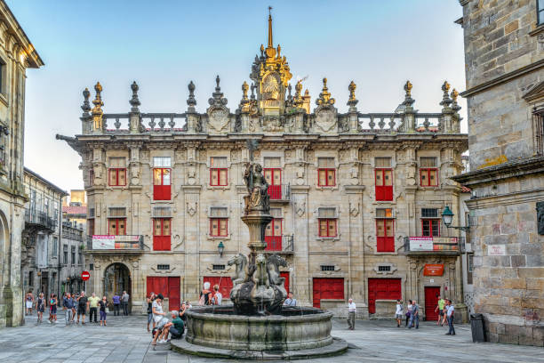 View of Casa do Cabildo house and Praterias square in Santiago de Compostela. stock photo