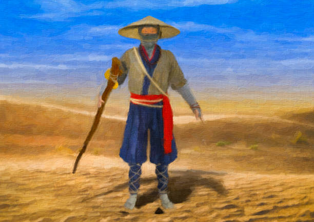 istock Painted Illustration of Wise Old Traditional Asian Man Walking Through Desert 1009147786