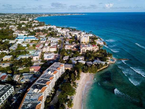 Aerial view of the Barbados coastline Dronel view of the Barbados Coastline barbados stock pictures, royalty-free photos & images