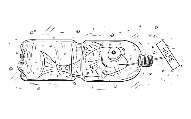 Vector illustration of Cartoon of Fish Trapped in Plastic Bottle Holding Hilfe Sign