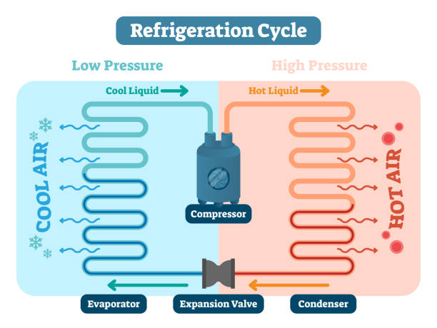 illustrations, cliparts, dessins animés et icônes de illustration vectorielle de réfrigération cycle. régime à basse et haute pression, liquide chaud et froid, compresseur d’air, évaporateur, détendeur et condenseur. bases de la physique - compresseur de gaz