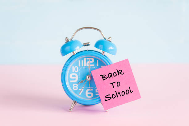 istock Education or back to school Concept. Alarm clock with back to school text on white and pastel pink wooden background. 1009208492