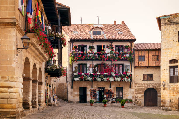 Picturesque and medieval village in Santillana de Mar, Cantabria, Spain stock photo