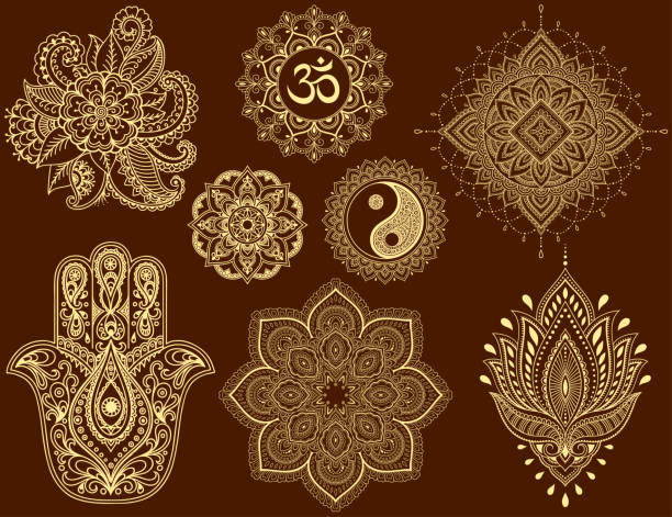 ilustrações, clipart, desenhos animados e ícones de grande conjunto de teste padrão de flor de mehndi, mandala, mantra om, símbolo yin-yang e hamsa para desenho de henna e tatuagem. decoração em estilo étnico oriental, indiano. - hamsa