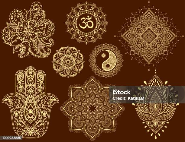 Big Set Of Mehndi Flower Pattern Mandala Mantra Om Yinyang Symbol And Hamsa For Henna Drawing And Tattoo Decoration In Ethnic Oriental Indian Style Stock Illustration - Download Image Now